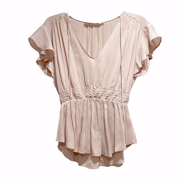 ASTR Short Sleeve V Neck Top Short Sleeve Neutral Pale Pink Peplum Blouse Small - Picture 1 of 9